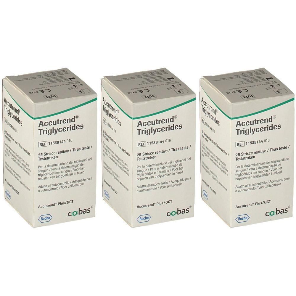 Trois boîtes Accutrend Triglycerides. Emballage blanc avec texte vert. Inscription : 25 bandelettes. Marque Roche, cobas.