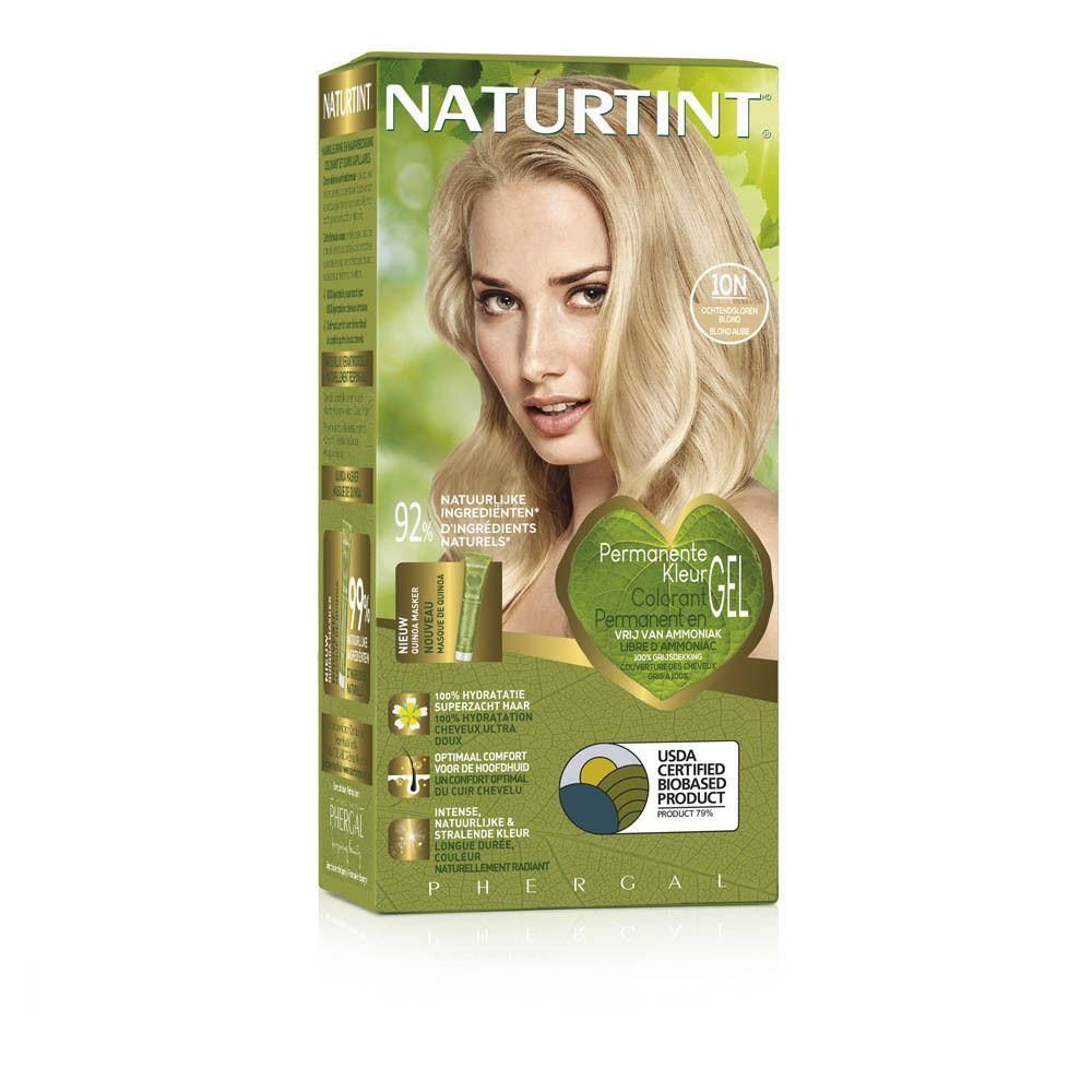 Verpakking van Naturtint Permanente Haarkleuring Ochtendgloren Blond 10N. Blonde vrouw, groene verpakking met productinfo en certificeringen.