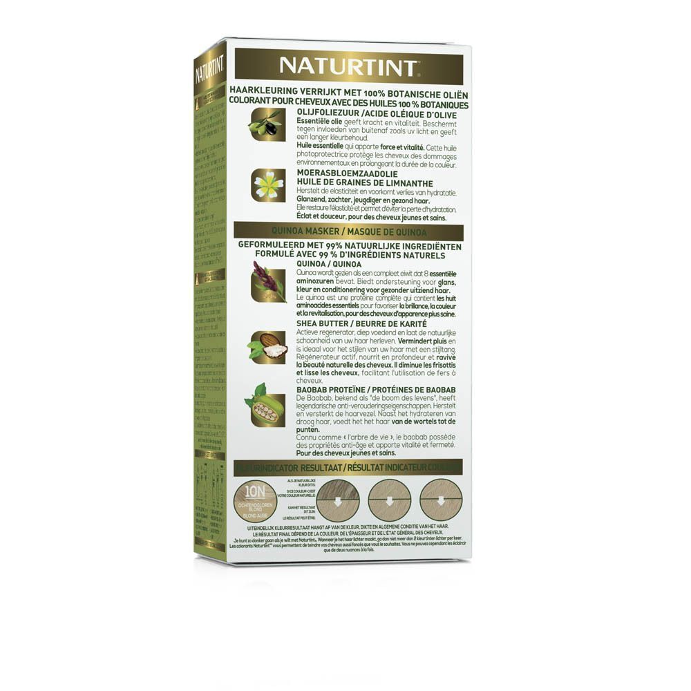 Achterkant van de Naturtint-verpakking. Tekst over ingrediënten, waaronder botanische oliën en quinoa. Illustraties.