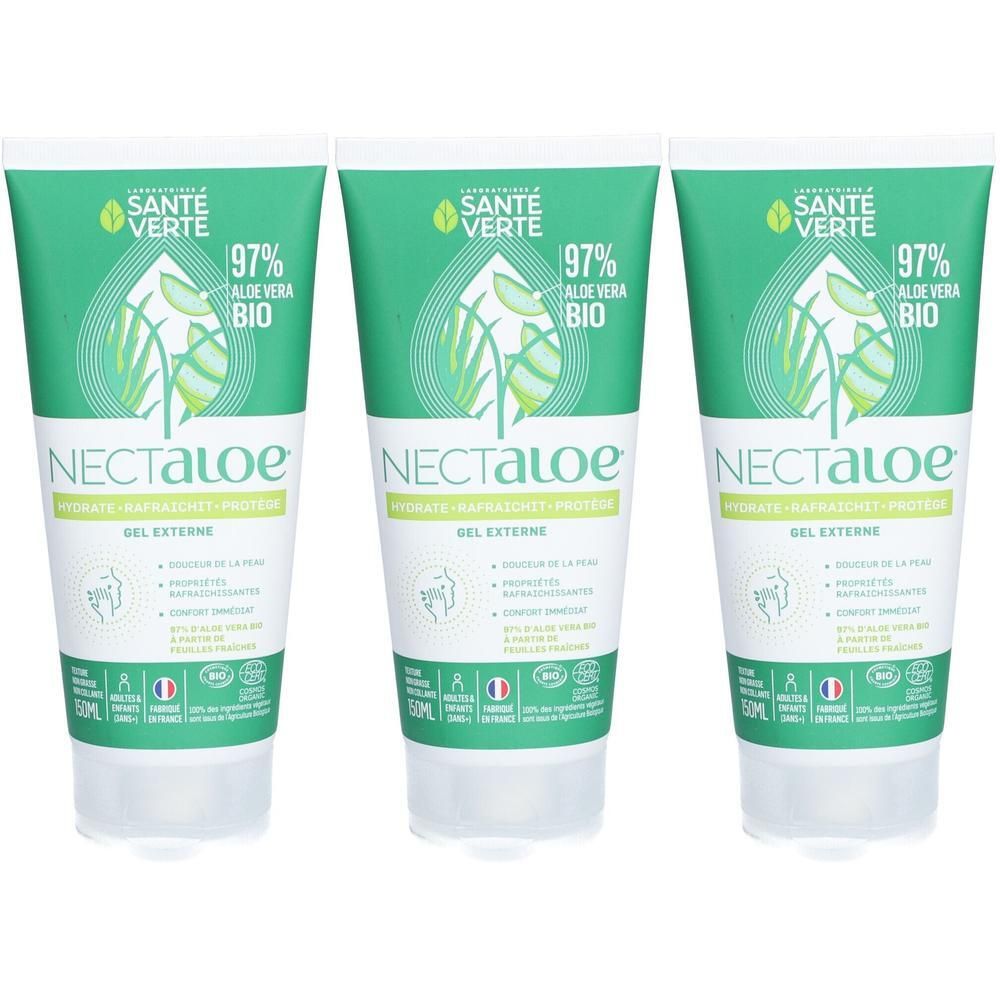Trois tubes de gel NECTALOE vert, 97% Aloe Vera Bio. Inscription: SANTE VERTE. Certifications françaises et bio.