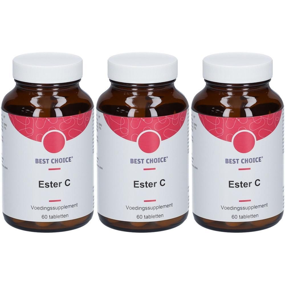 Drie bruine flessen met witte doppen. Op de etiketten staat "BEST CHOICE Ester C" en "Voedingssupplement 60 tabletten".