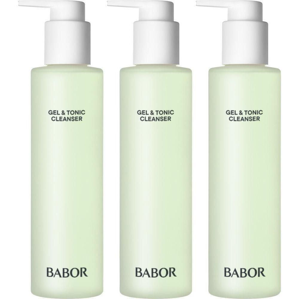 Drie groene flessen met witte pompsluiting. Op elke fles staat "GEL & TONIC CLEANSER" en "BABOR".