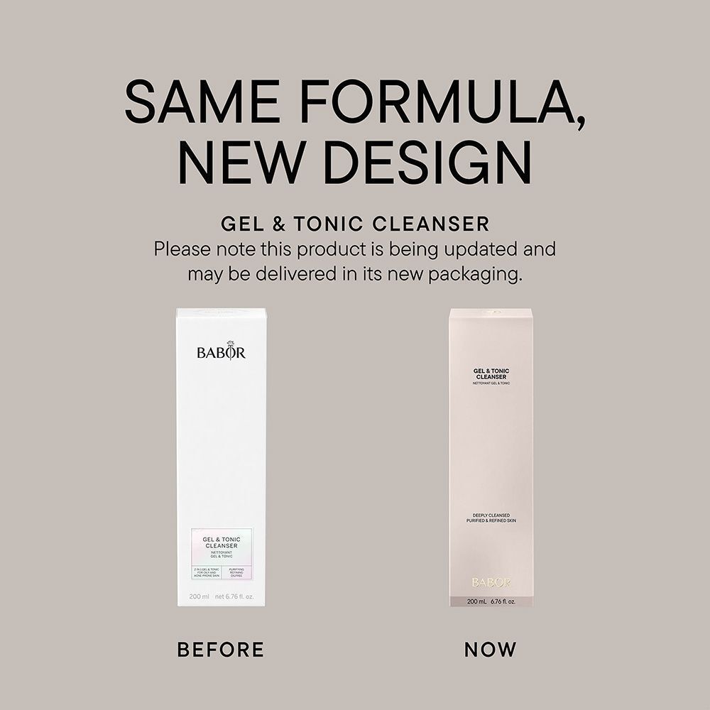 Vergelijking van twee verpakkingen. Links: oude verpakking. Rechts: nieuwe verpakking. Beide tonen "GEL & TONIC CLEANSER" en "BABOR".