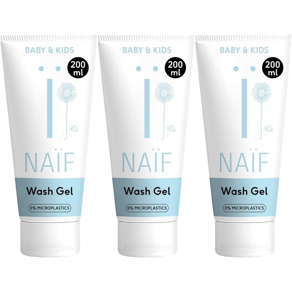 Drie tubes Naïf Baby & Kids Wash Gel. Witte tubes met blauwe tekst en illustraties. 200 ml.