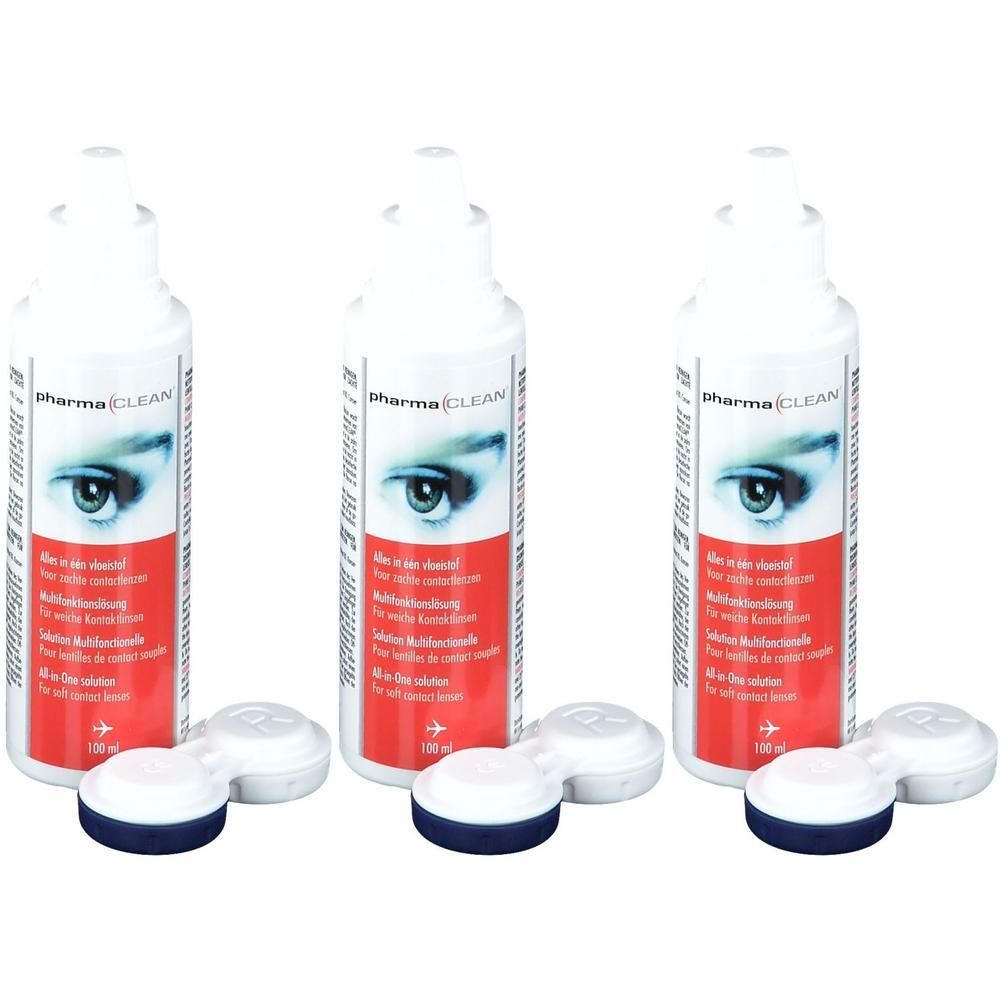 Trois flacons de solution PharmaClean avec motif d'œil et trois étuis à lentilles. Étiquettes rouges avec texte. 100 ml.