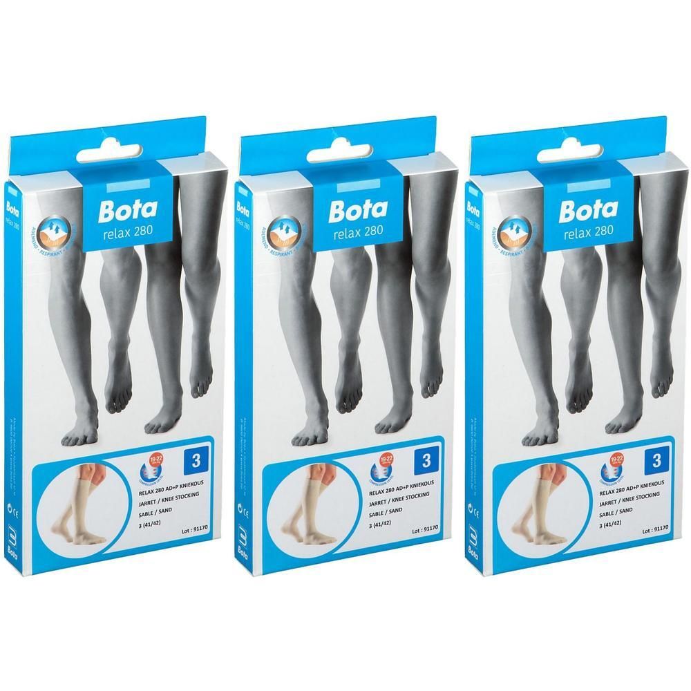 Trois boîtes de Bota Relax 280 Mi-Bas. Chaque boîte présente une illustration de jambes et de pieds. Taille 3.