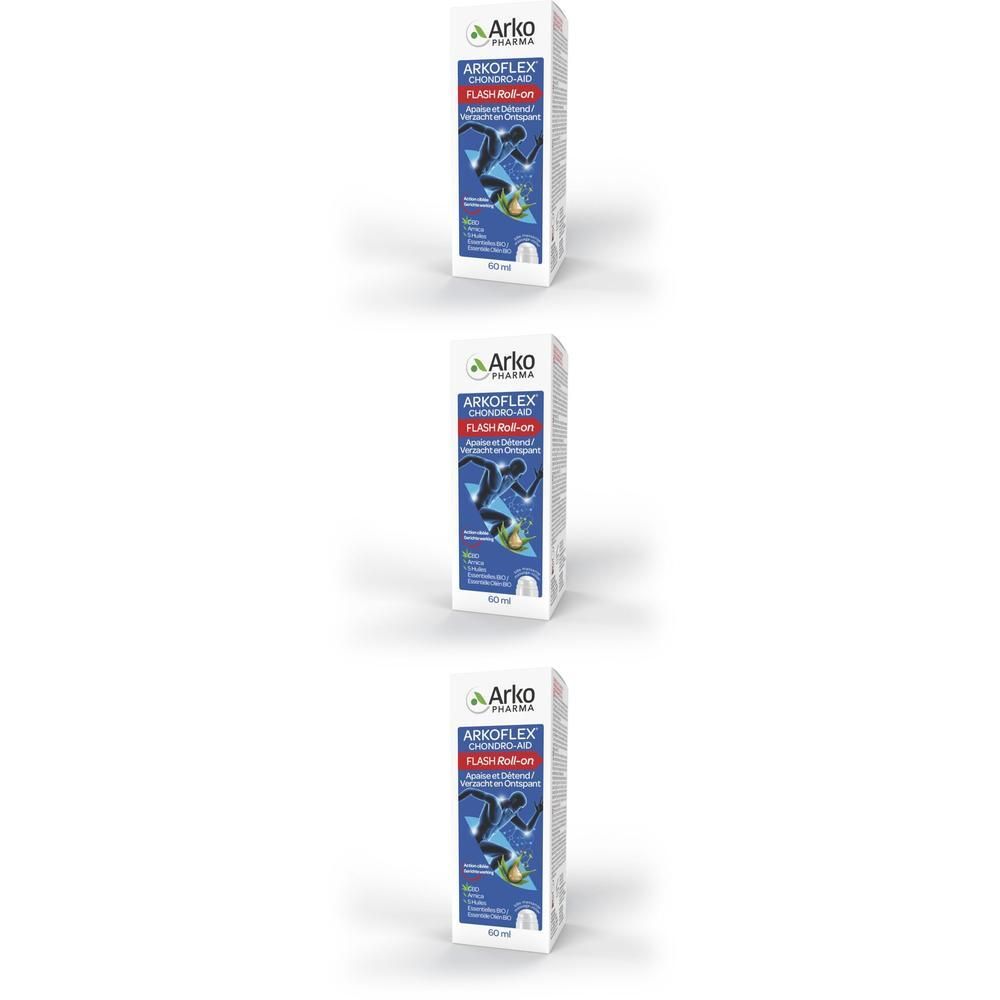 Trois boîtes de Arkoflex Chrondo-Aid Flash Roll-On. Le logo Arkopharma est visible sur chaque boîte.