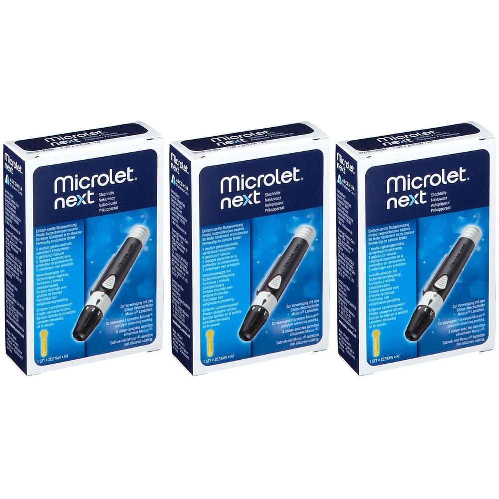 Trois boîtes Microlet Next. Chaque boîte montre un appareil et du texte. Emballage bleu et blanc.