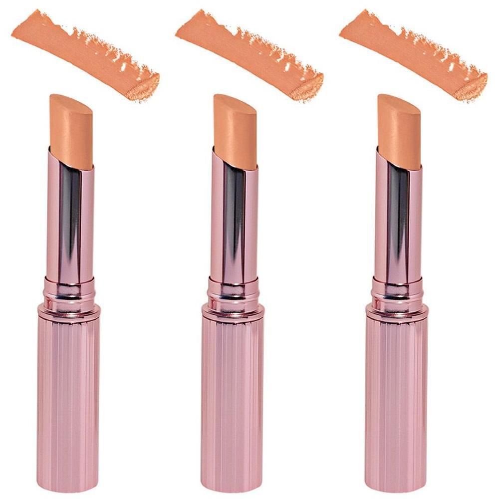 Drie Cent Pur Cent Peach concealers. Roze metalen hulzen, schuine punt. Kleurstalen erboven.