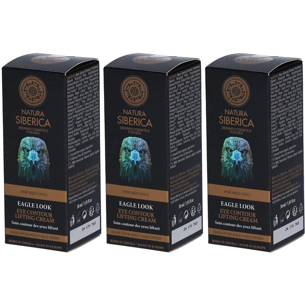 Trois boîtes noires. Tête d'aigle sur chaque boîte. Texte: Natura Siberica, Eagle Look Eye Contour Lifting Cream. Pour hommes.