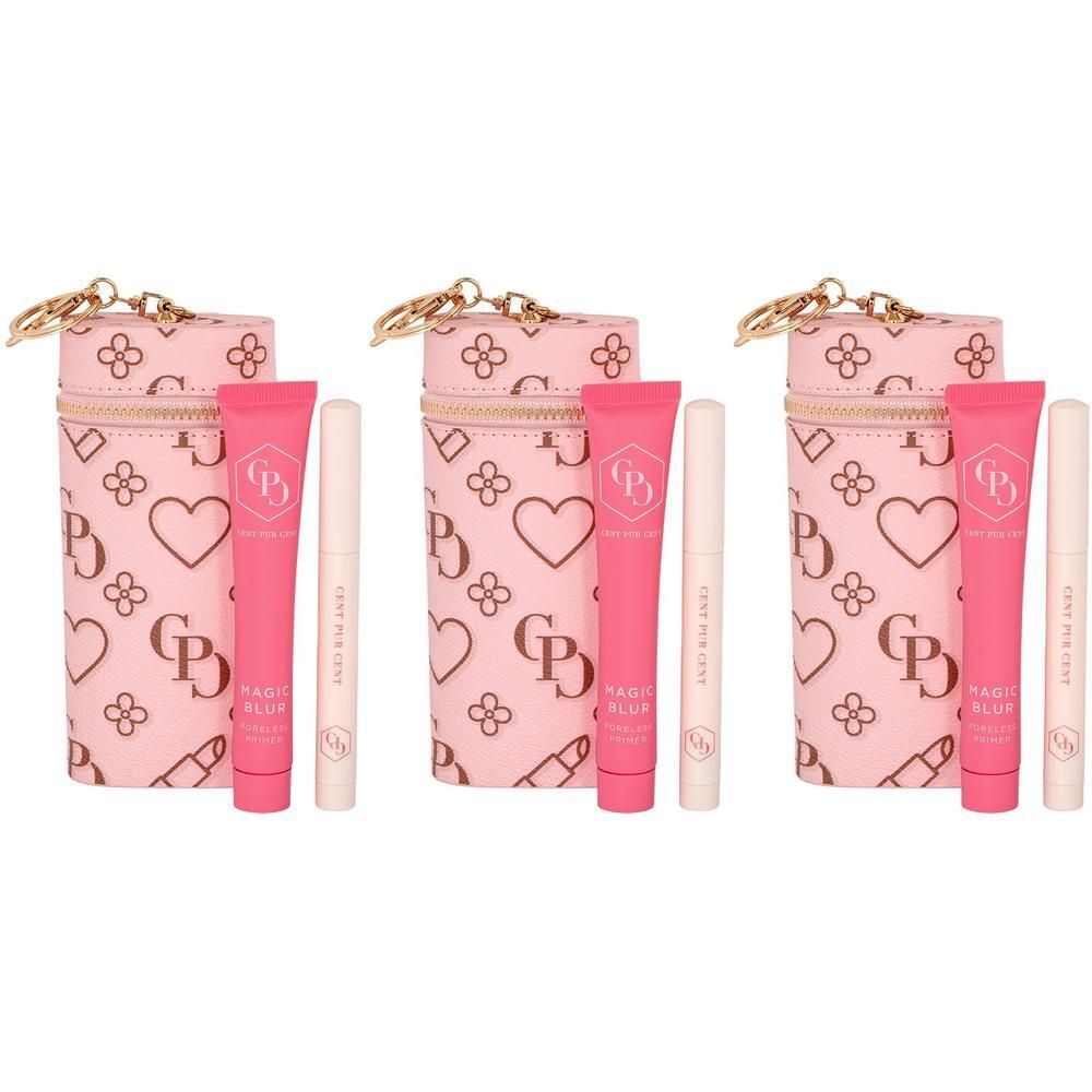 Trois produits cosmétiques dans une trousse rose. Comprend un tube, un bâton et une trousse cylindrique avec fermeture éclair dorée.