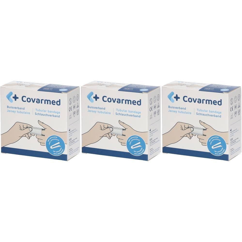 Drie dozen Covarmed Tubegauz. Opschrift: buisverband, jersey tube. Illustratie van een hand met applicator.