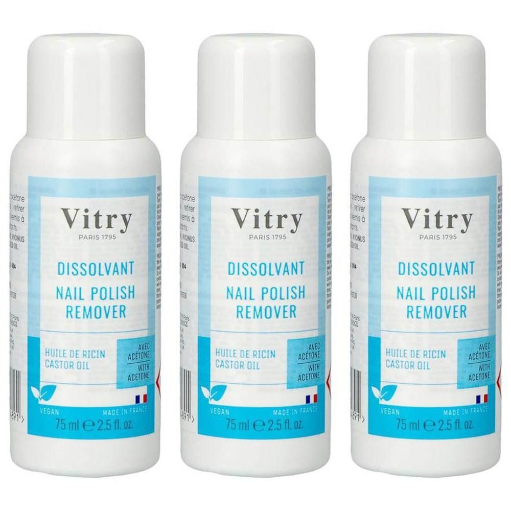 Trois flacons de dissolvant. Bouchon blanc, étiquette bleu clair avec informations produit. Marque: Vitry.