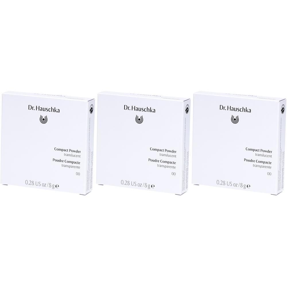 Drie witte dozen. Opschrift: Dr. Hauschka, Compact Powder, transparant, 00, 0.28 US oz / 8 g.