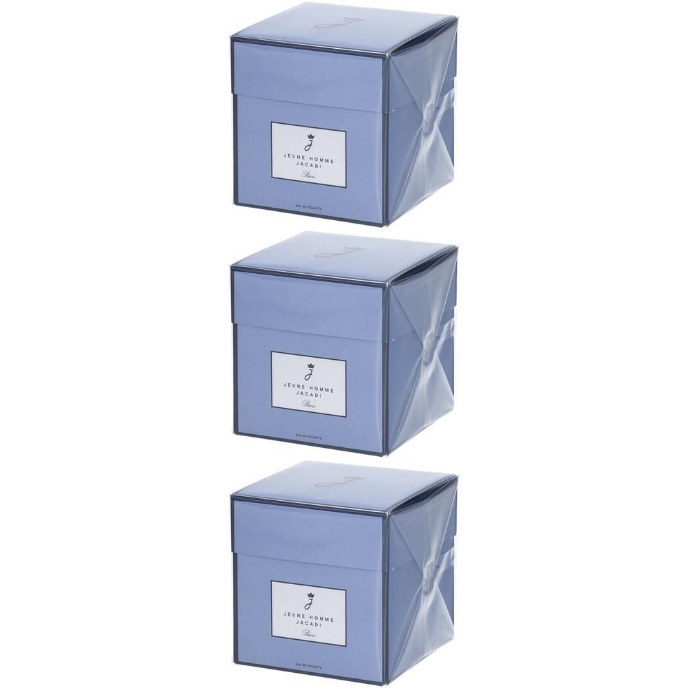 Trois boîtes carrées bleu clair avec étiquette blanche. L'étiquette indique "JEUNE HOMME JACADI" et un logo.
