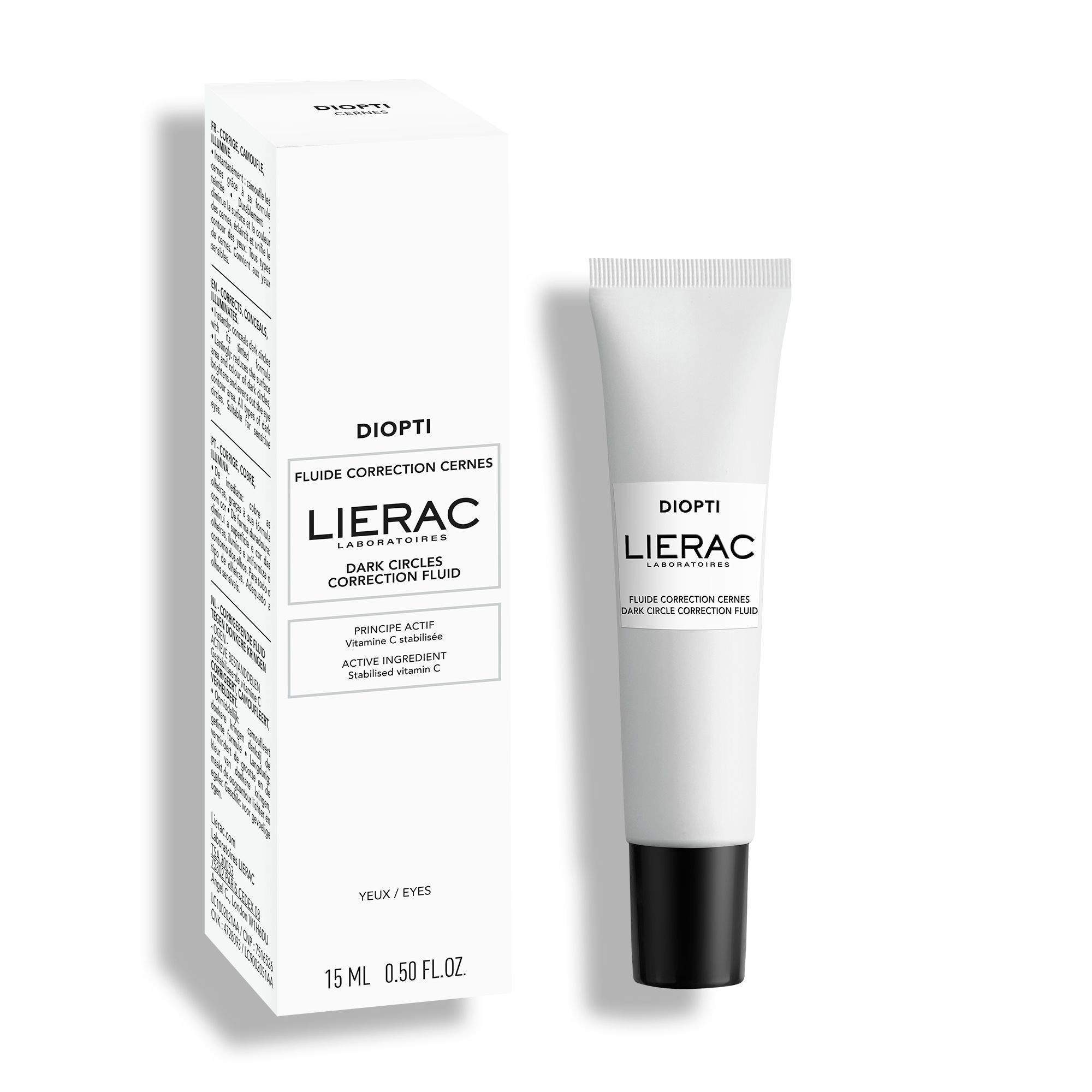 Witte tube en doos. Op de tube staat "DIOPTI", "LIERAC", en "FLUIDE CORRECTION CERNES". Tekst op de doos.