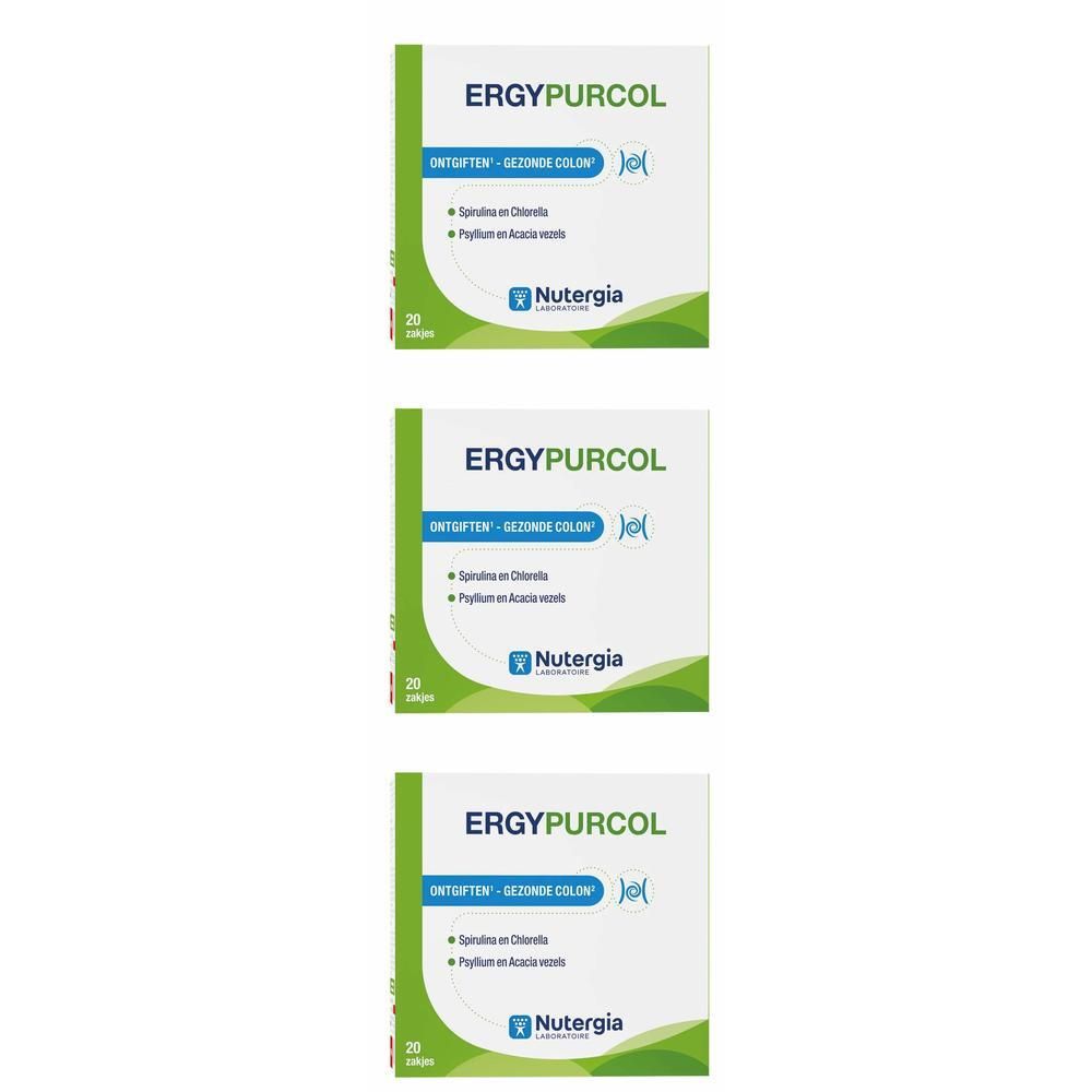 Drie vierkante dozen met de tekst ERGYPURCOL. Op elke doos staat Nutergia. 20 zakjes.
