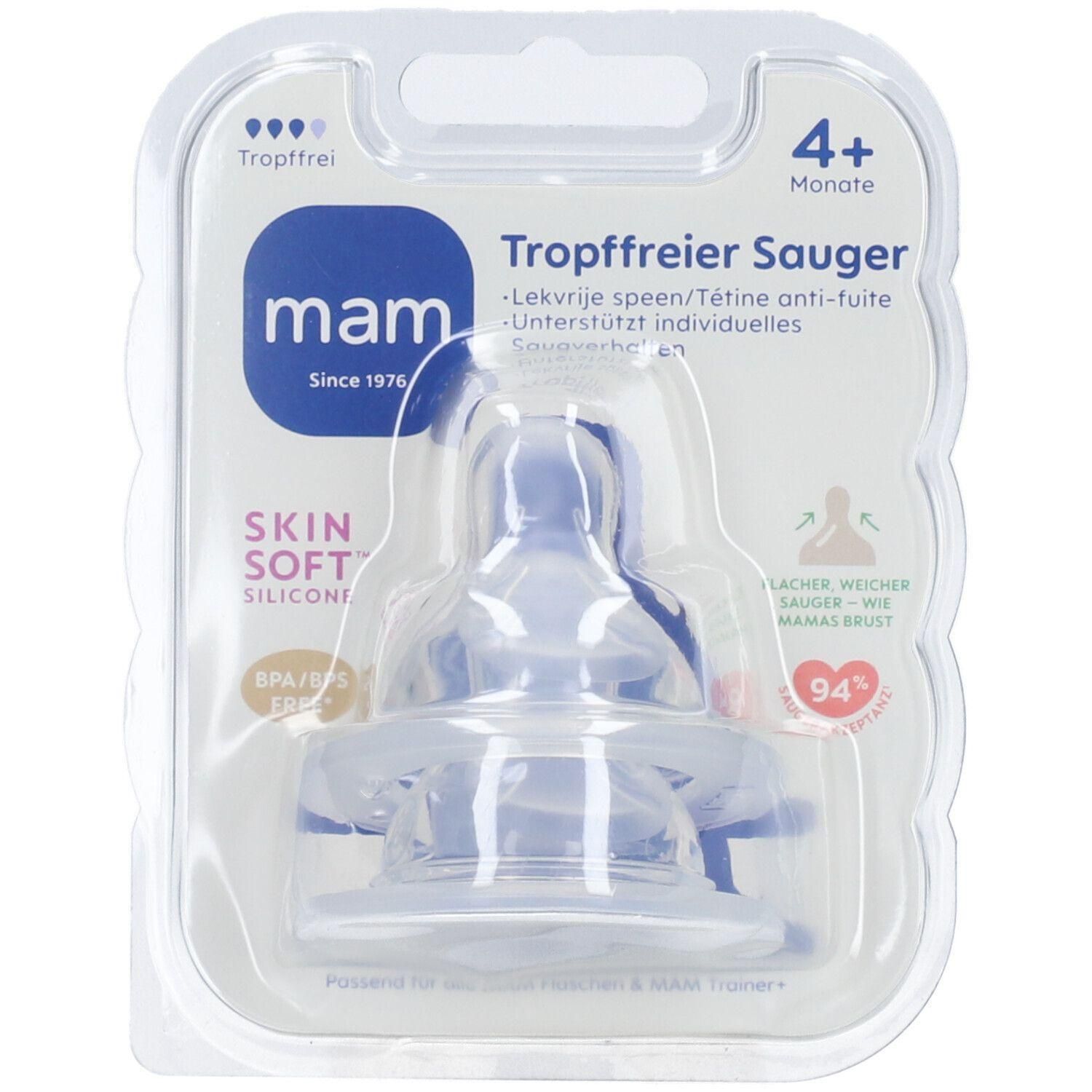 MAM-speen in blisterverpakking. Opschrift: 4+ maanden. Gemaakt van siliconen, BPA/BPS-vrij.