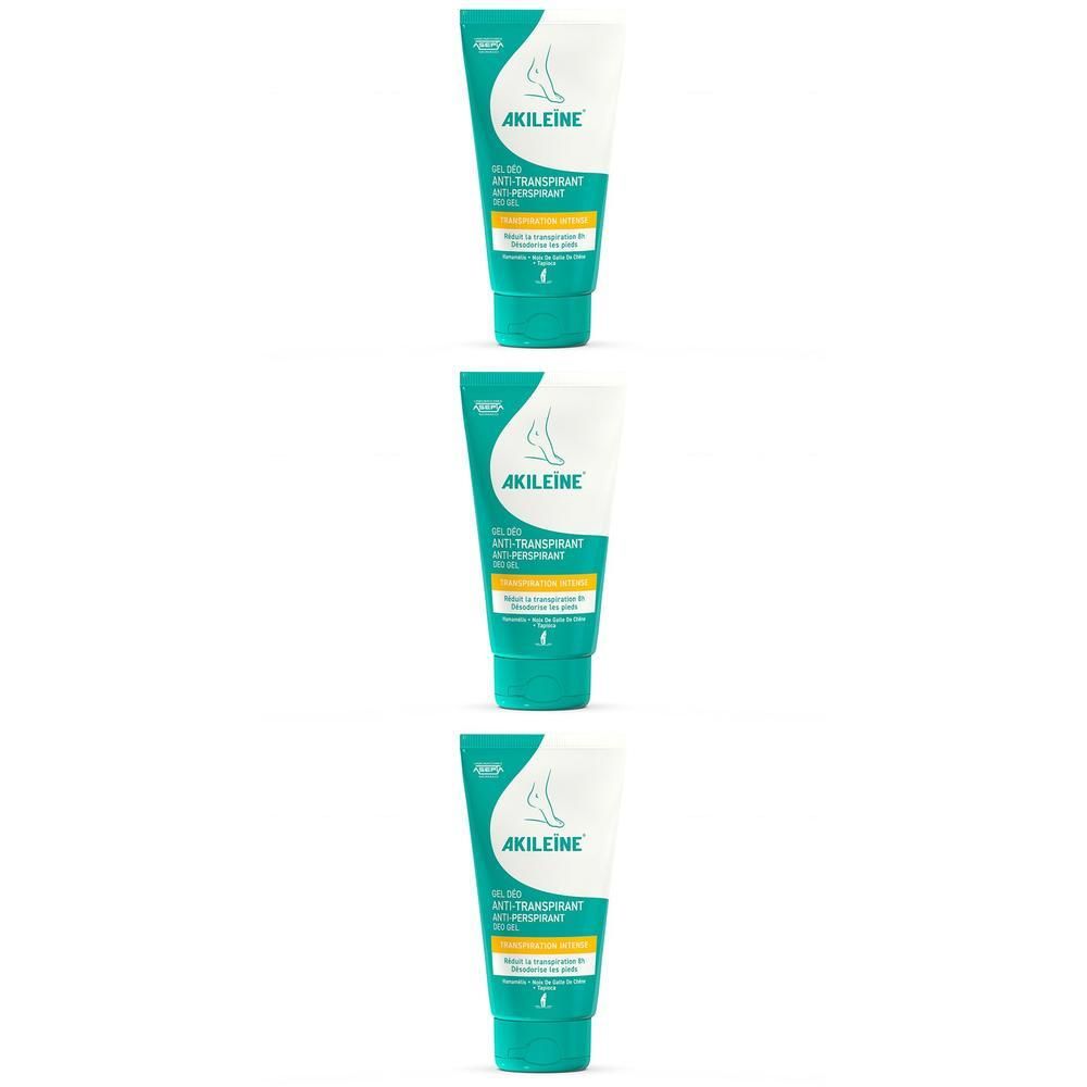 Drie tubes Akileine Anti-Transpirant Gel. Witte tube met groene dop en gele accenten. Opschrift: Akileine, Anti-Transpirant Gel.