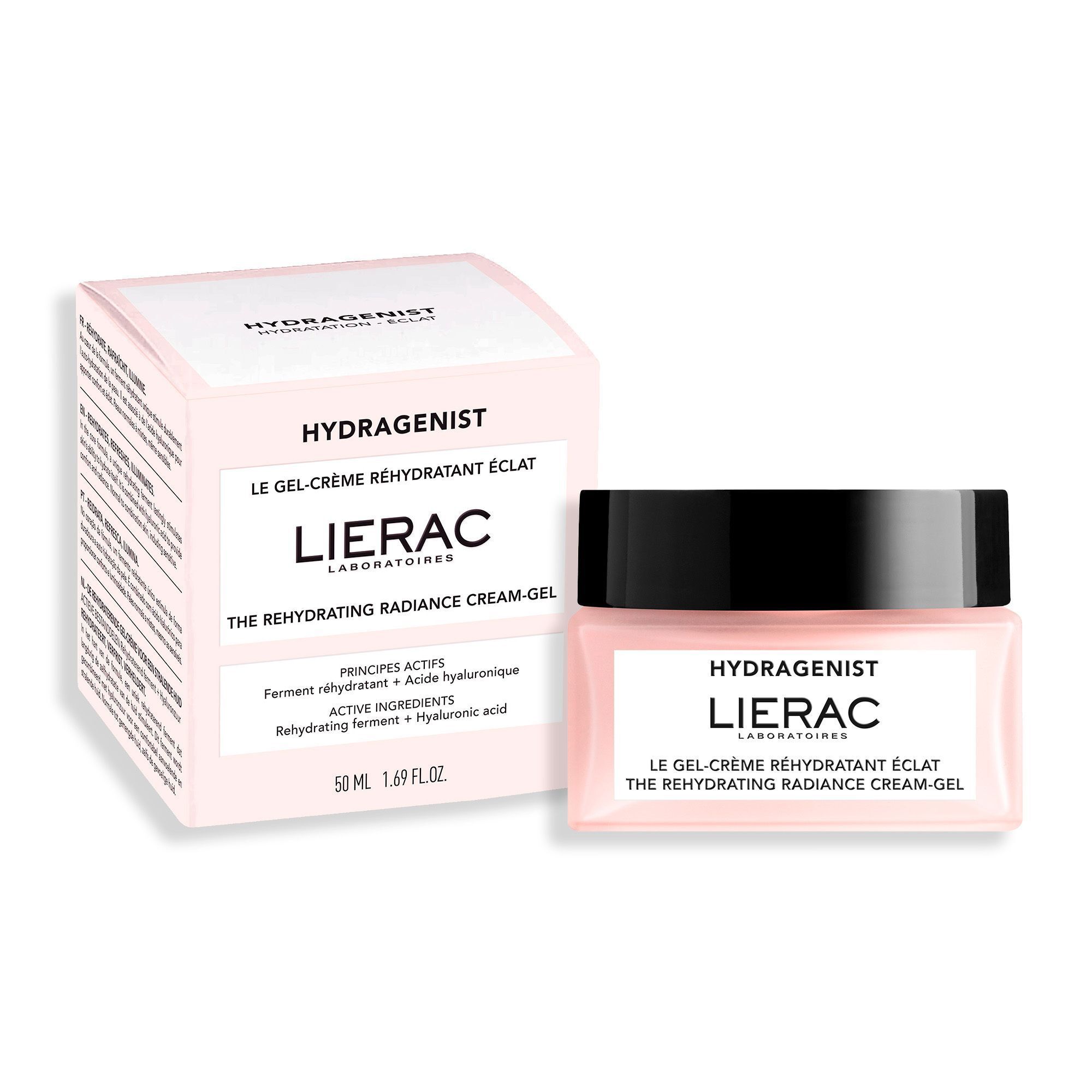 Produit avec pot rose et boîte rose. Inscription: HYDRAGENIST, LIERAC, LE GEL-CRÈME RÉHYDRATANT ÉCLAT. Boîte avec texte.