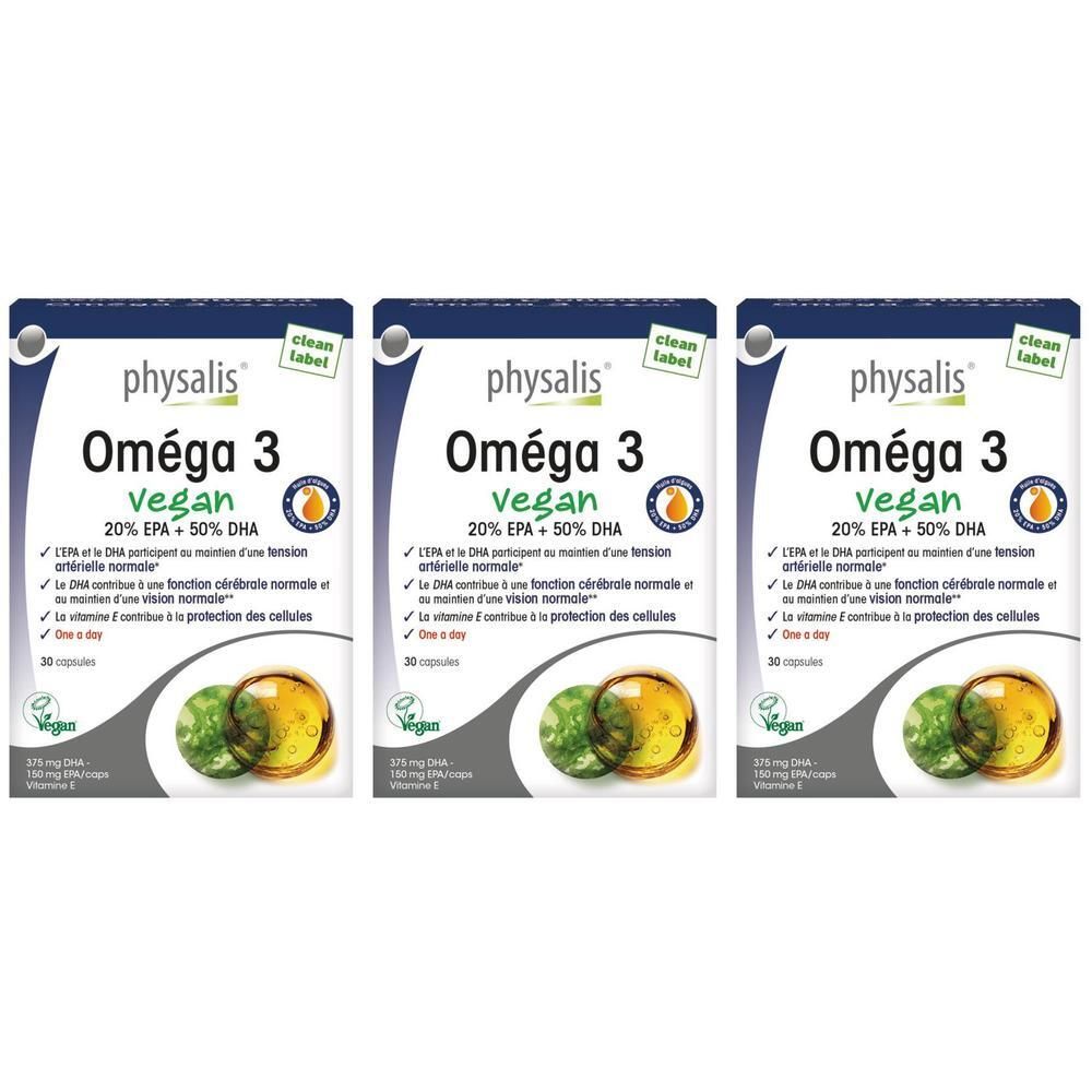 Trois boîtes de Physalis Oméga 3 Vegan. Emballage blanc avec nom du produit, logo et informations. 30 capsules.