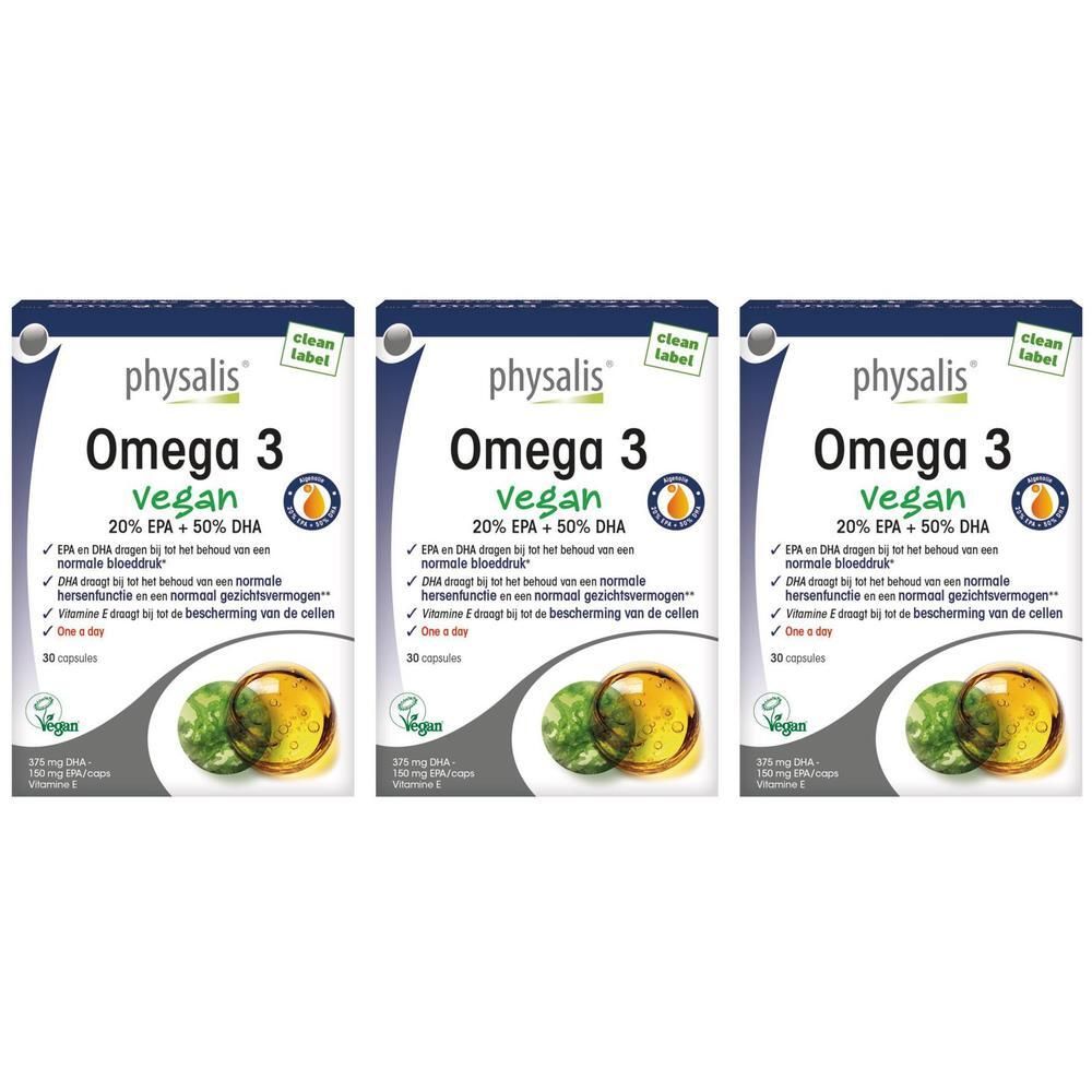 Drie verpakkingen Physalis Omega 3 Vegan. Witte verpakking met productnaam, logo en informatie. 30 capsules.