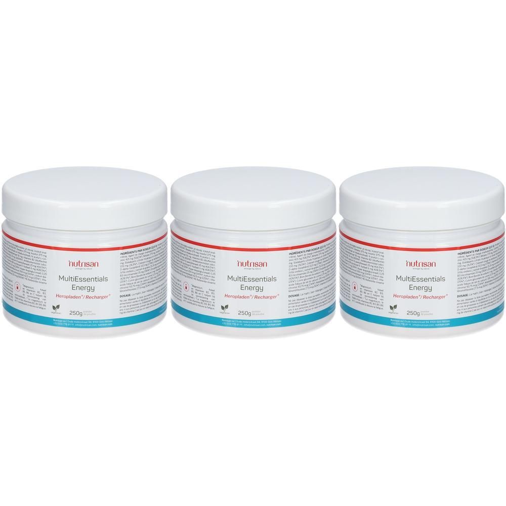 Trois pots blancs avec couvercles. Étiquettes avec "MultiEssentials Energy" et "250g".