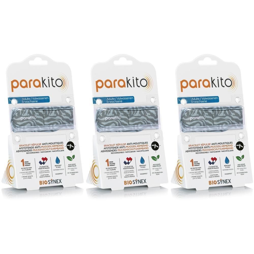 Trois emballages de bracelets. Chaque emballage contient un bracelet à motif zébré gris. Marque : ParaKito. Inscription : BIO SYNEX.