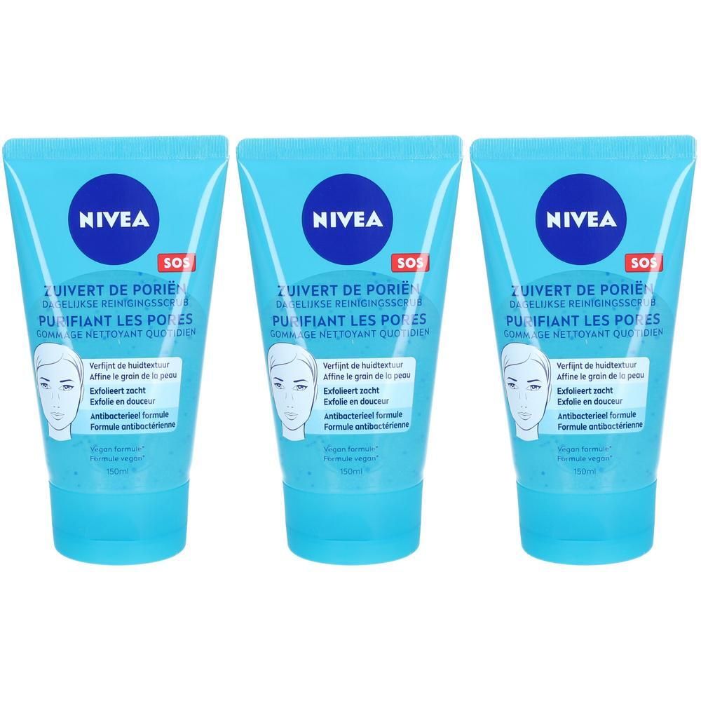 Trois tubes bleus avec logo Nivea. Chaque tube présente un visage dessiné. Nom du produit et informations imprimées sur les tubes.