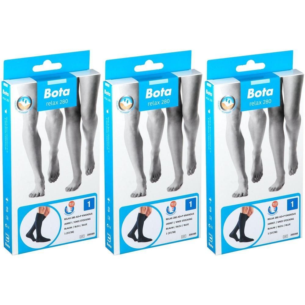 Trois boîtes de bas de compression. Chaque boîte affiche "Bota relax 280". Les bas sont bleus, taille 1.