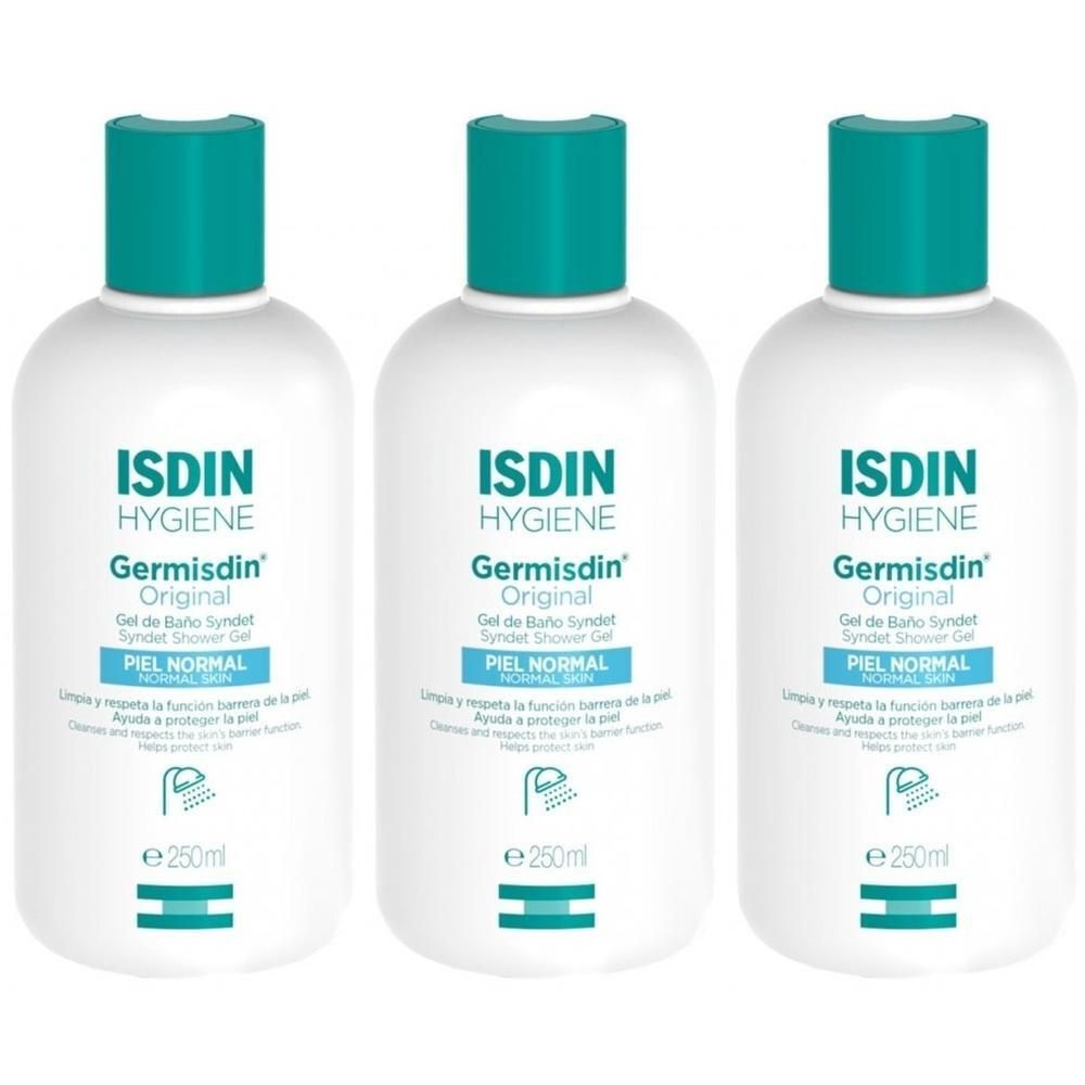 Trois flacons de gel douche ISDIN Germisdin Original. Flacons blancs avec bouchons turquoise. Inscription: ISDIN, Germisdin Original.
