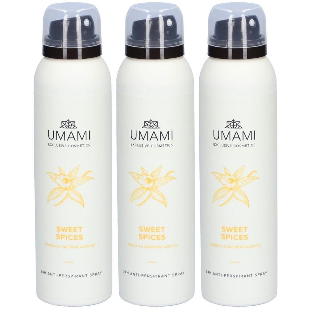 Drie witte sprays met zwarte sproeikop. Opschrift: UMAMI, SWEET SPICES, 24h Anti-Perspirant Spray. Vanille & Saffraan.