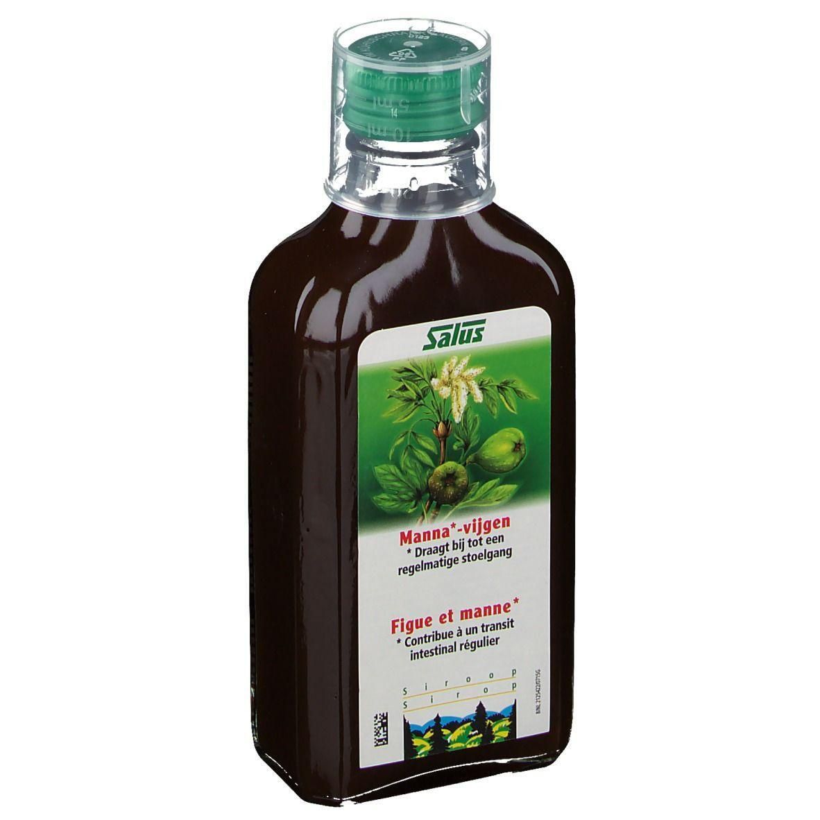 Bruine vloeistof in glazen fles met groene dop. Etiket met productnaam en afbeelding van vijgen.