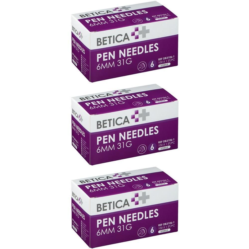 Drie dozen Betica Pen Needles. Opschrift: 6 mm 31G. Elke doos bevat 6 stuks. Paarse en witte verpakking.
