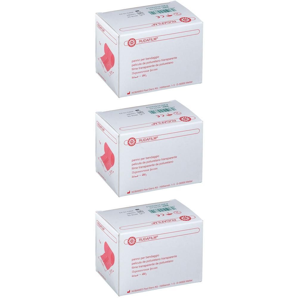 Drie witte dozen met rode afbeelding en tekst. Opschrift: RUDAFILM. Tekst in meerdere talen. Barcode en CE-markering.