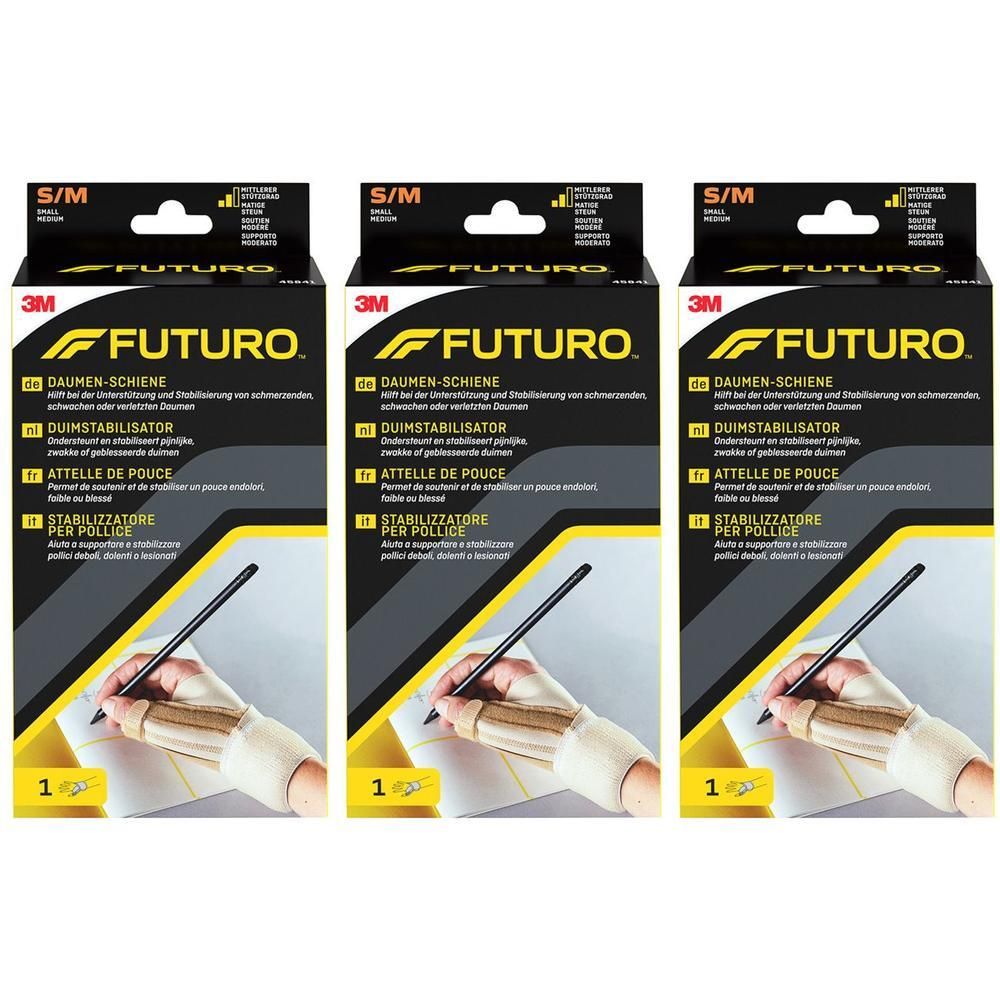 Trois attelles de pouce FUTURO™ en emballage. Beige, S/M. Emballage noir avec nom du produit, logo 3M et illustration.