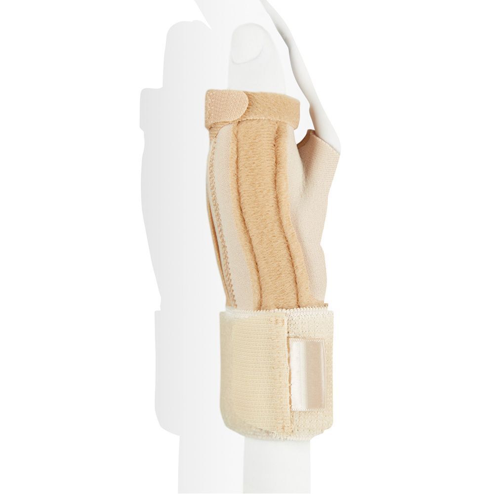FUTURO™ duimbrace, beige. Toont de vorm en de klittenbandsluitingen. Op een witte achtergrond.