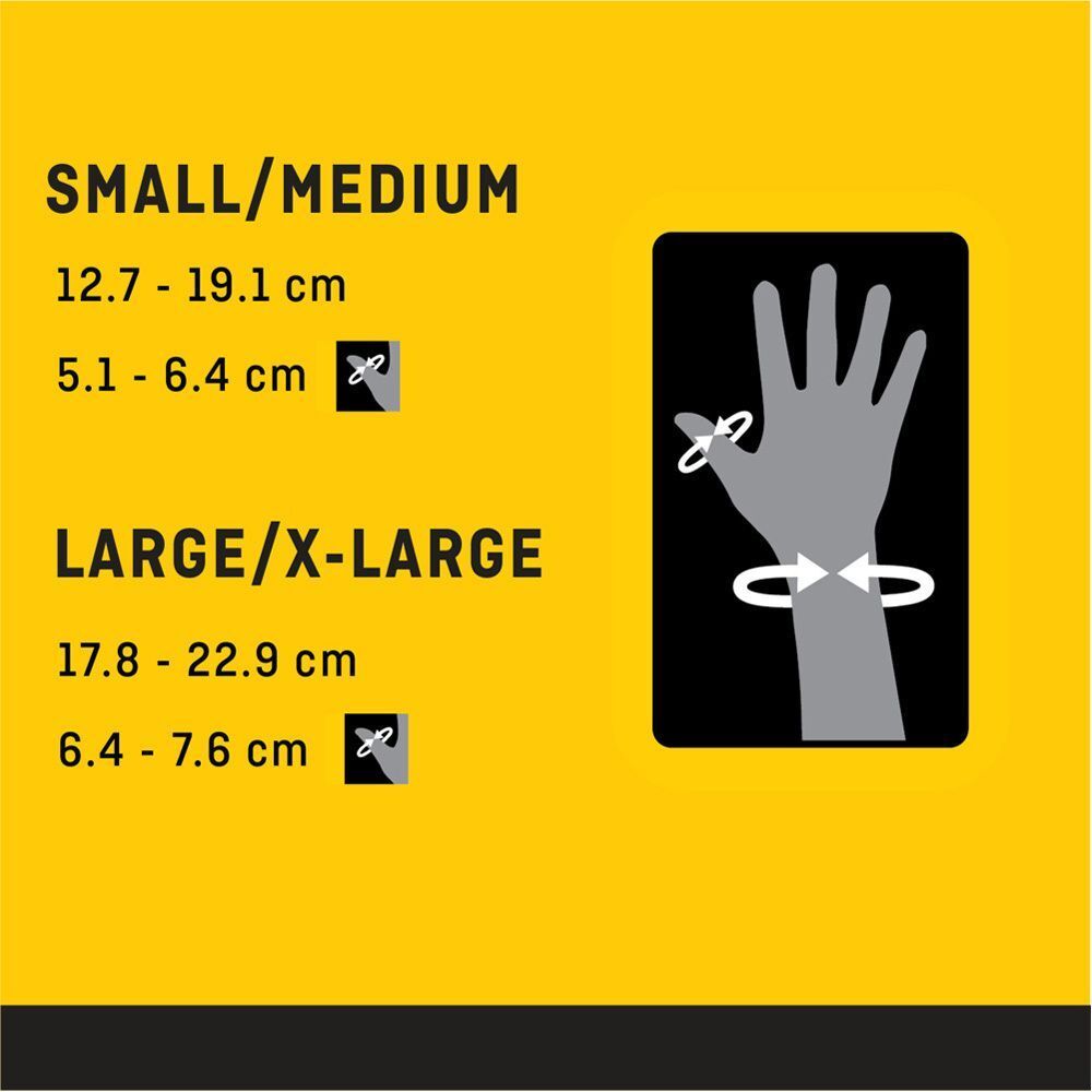 Maattabel voor FUTURO™ duimbrace. Toont de handomtrekmetingen voor S/M en L/XL.