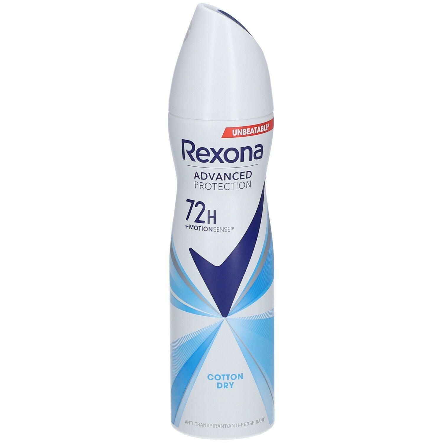 Spray anti-transpirant Rexona Advanced Protection. Flacon blanc et bleu. Inscription 72h, Cotton Dry. Marque bleue.