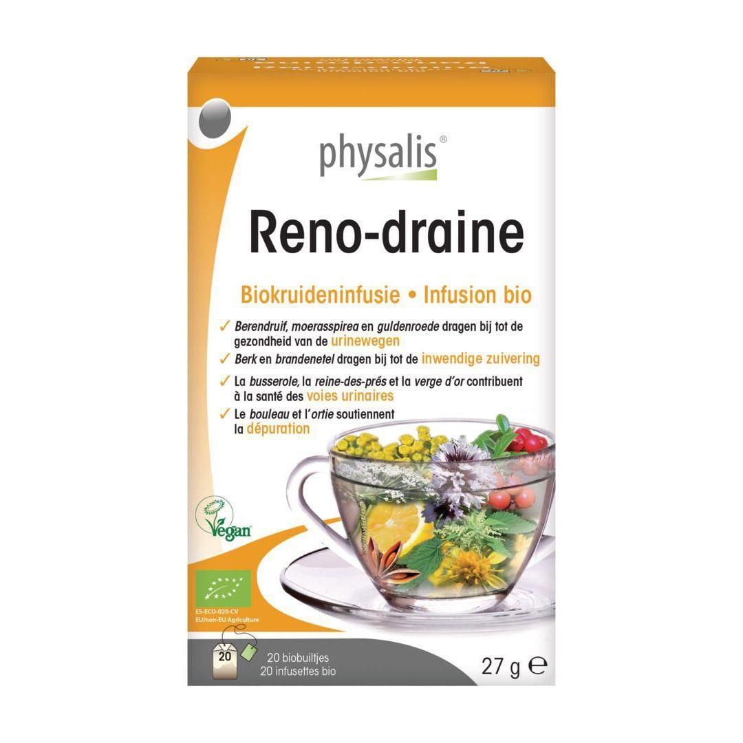 Verpakking van Physalis Reno-draine. Opschrift: Biokruideninfusie, 20 zakjes, Vegan-logo, bio-label.