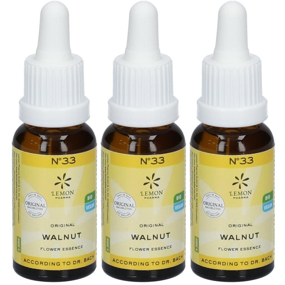 Trois flacons en verre brun avec bouchons blancs. Étiquettes : "N°33 Walnut Flower Essence" et "Lemon Pharma".