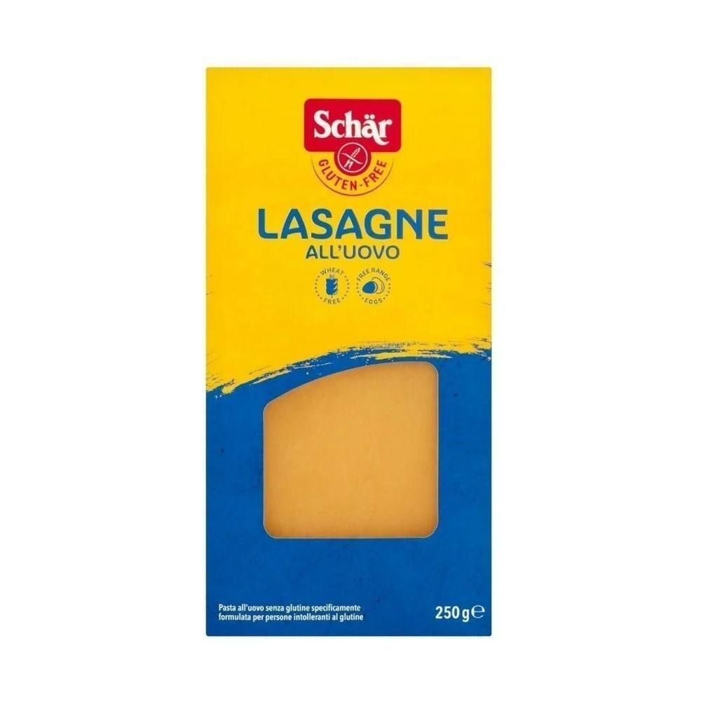 Gele en blauwe verpakking met Schär-logo en opschrift Lasagne all'uovo. Glutenvrij. 250g.