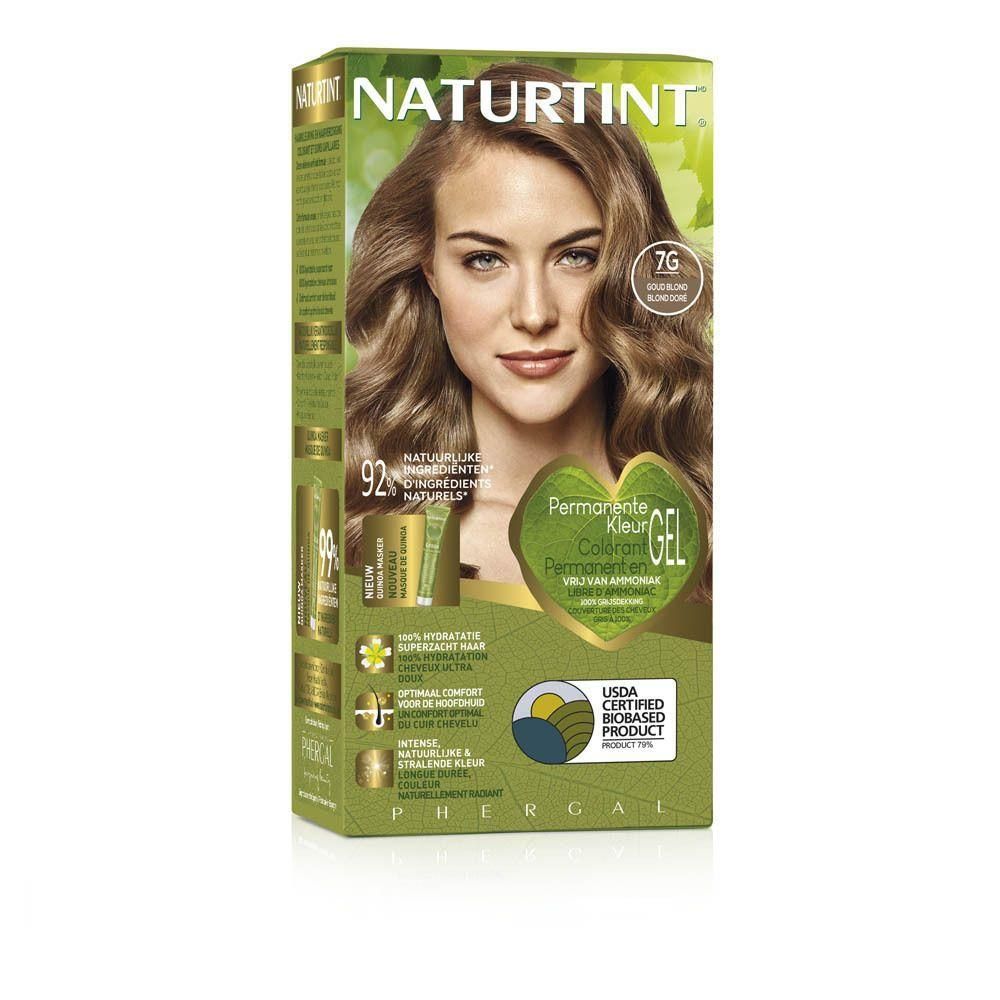 Boîte de coloration capillaire Naturtint 7G Blond doré. Femme blonde sur l'emballage. Emballage vert et doré.