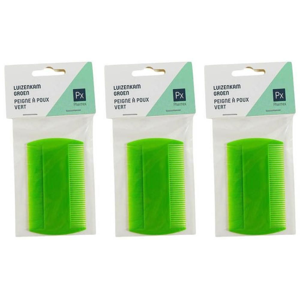 Drie groene luizenkammen in individuele verpakking. Op de verpakking staat "LUIZENKAM GROEN PEIGNE À POUX VERT" en het logo "Px".