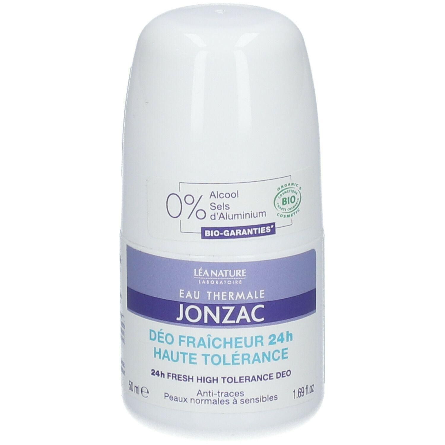 Witte roll-on deodorant met paarse band. Tekst: JONZAC, DÉO FRAÎCHEUR 24h, HAUTE TOLÉRANCE. Bio-certificering. 0% alcohol, aluminiumzouten.
