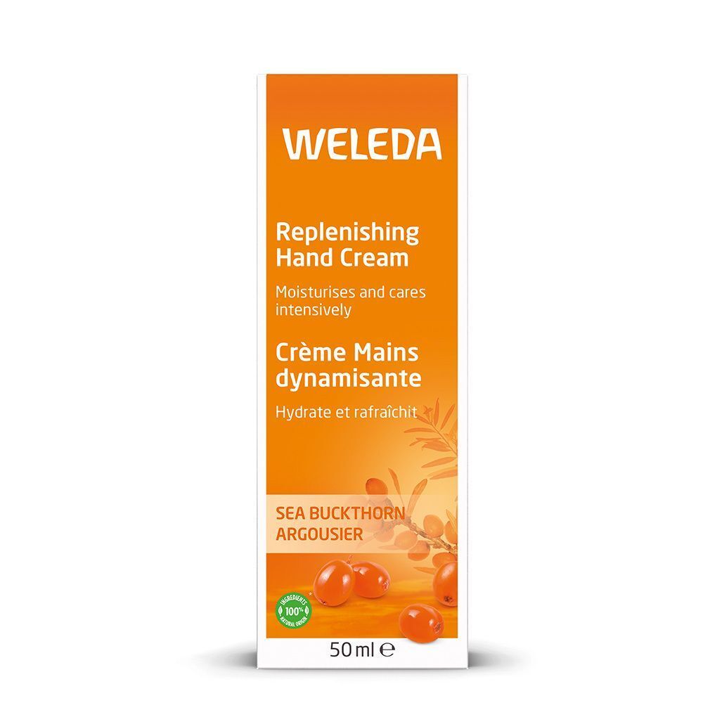 Tube de crème pour les mains Weleda dans son emballage. Tube orange avec bouchon blanc. Texte: Replenishing Hand Cream, Crème Mains dynamisante.
