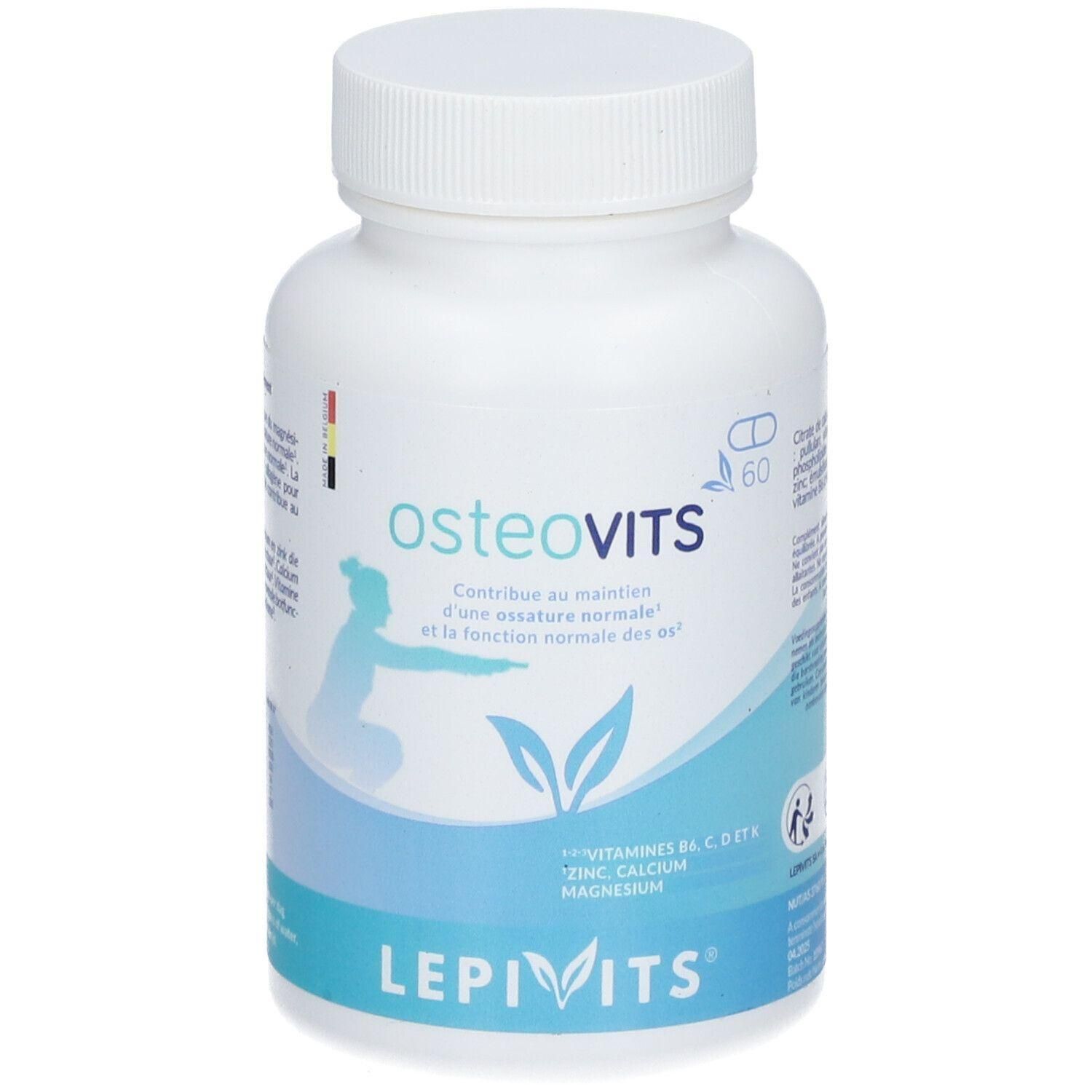 Witte fles "OsteoVits". Bevat 60 capsules. Bevat vitaminen en mineralen. Merk: LEPIVITS.