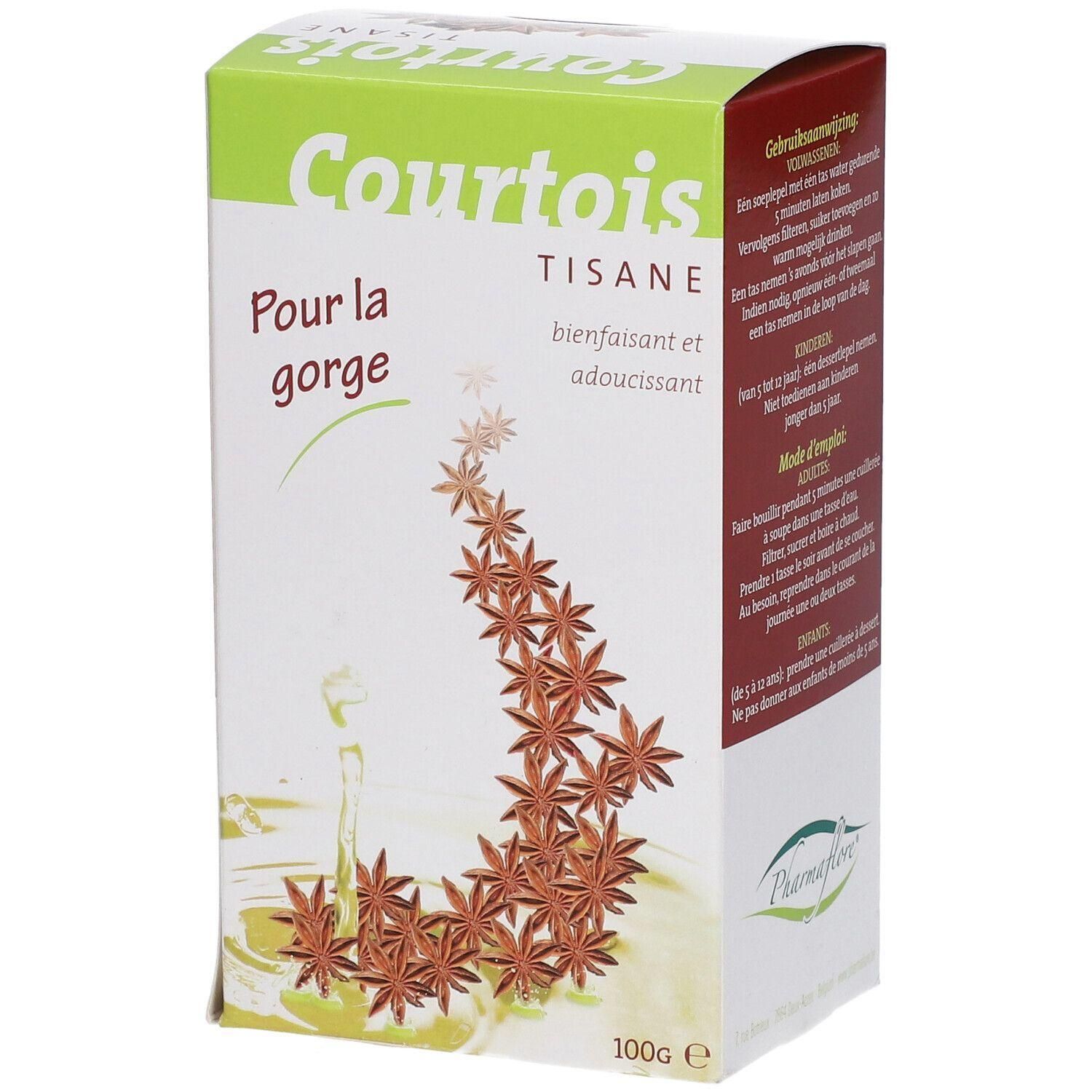 Boîte Courtois Tisane, pour la gorge. Inscription bienfaisant et adoucissant. Décor d'anis étoilé. Poids net : 100g.