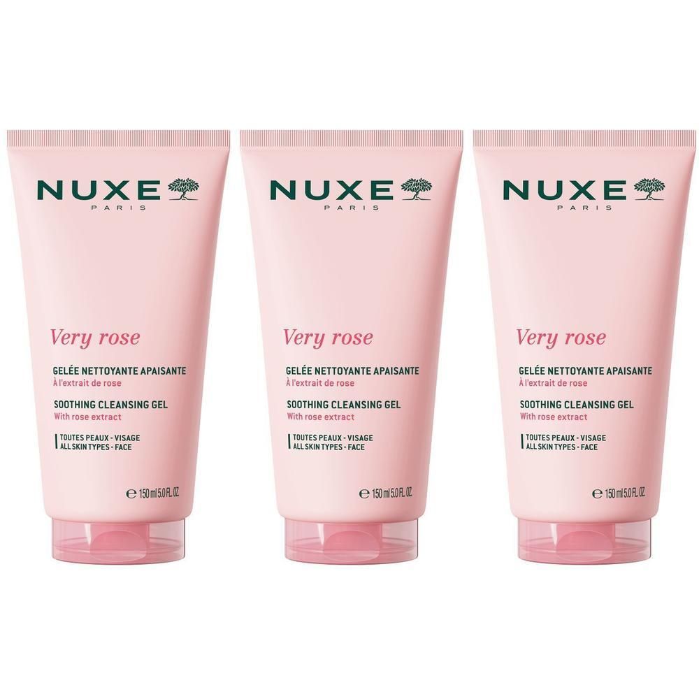 Trois tubes roses "Nuxe Very rose". Inscription : "Gelée nettoyante apaisante", "Soothing Cleansing Gel". Pour tous types de peaux.