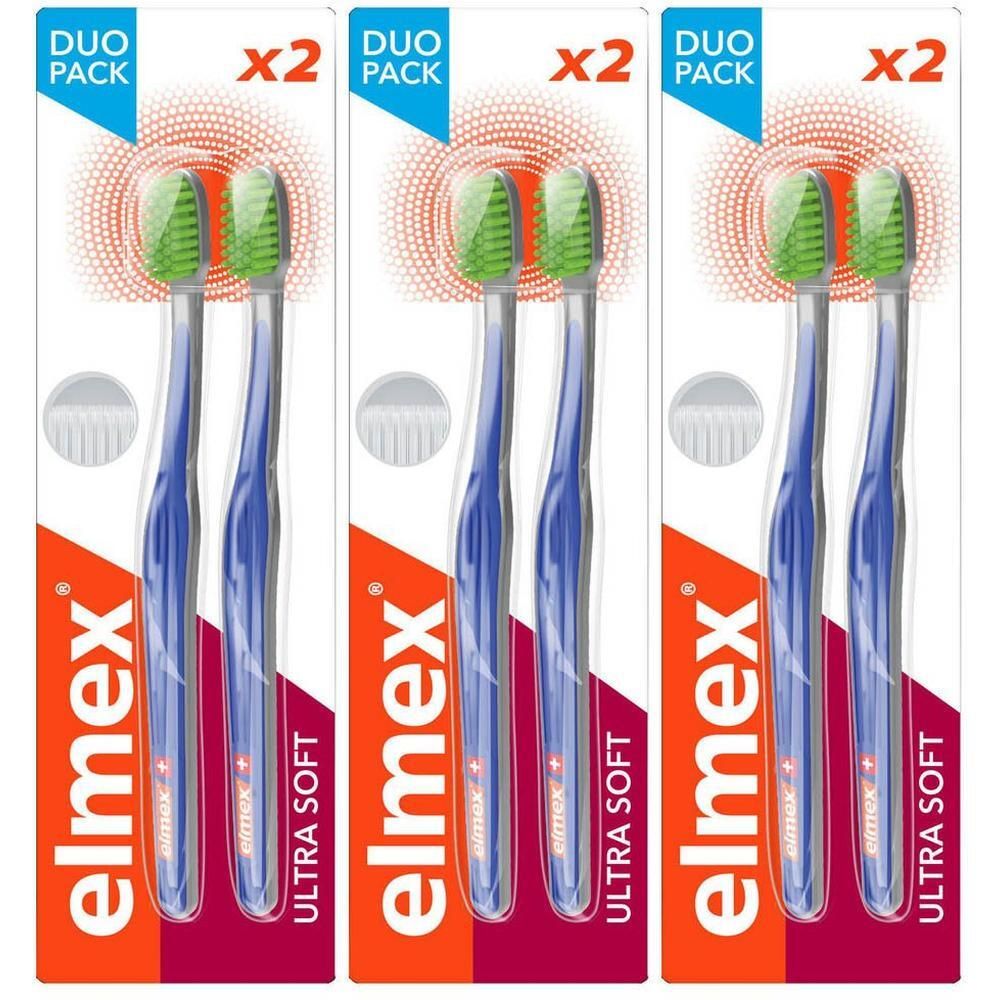 Trois packs doubles de brosses à dents elmex® Ultra Soft. Manches bleues, brins verts. Duo Pack x2.